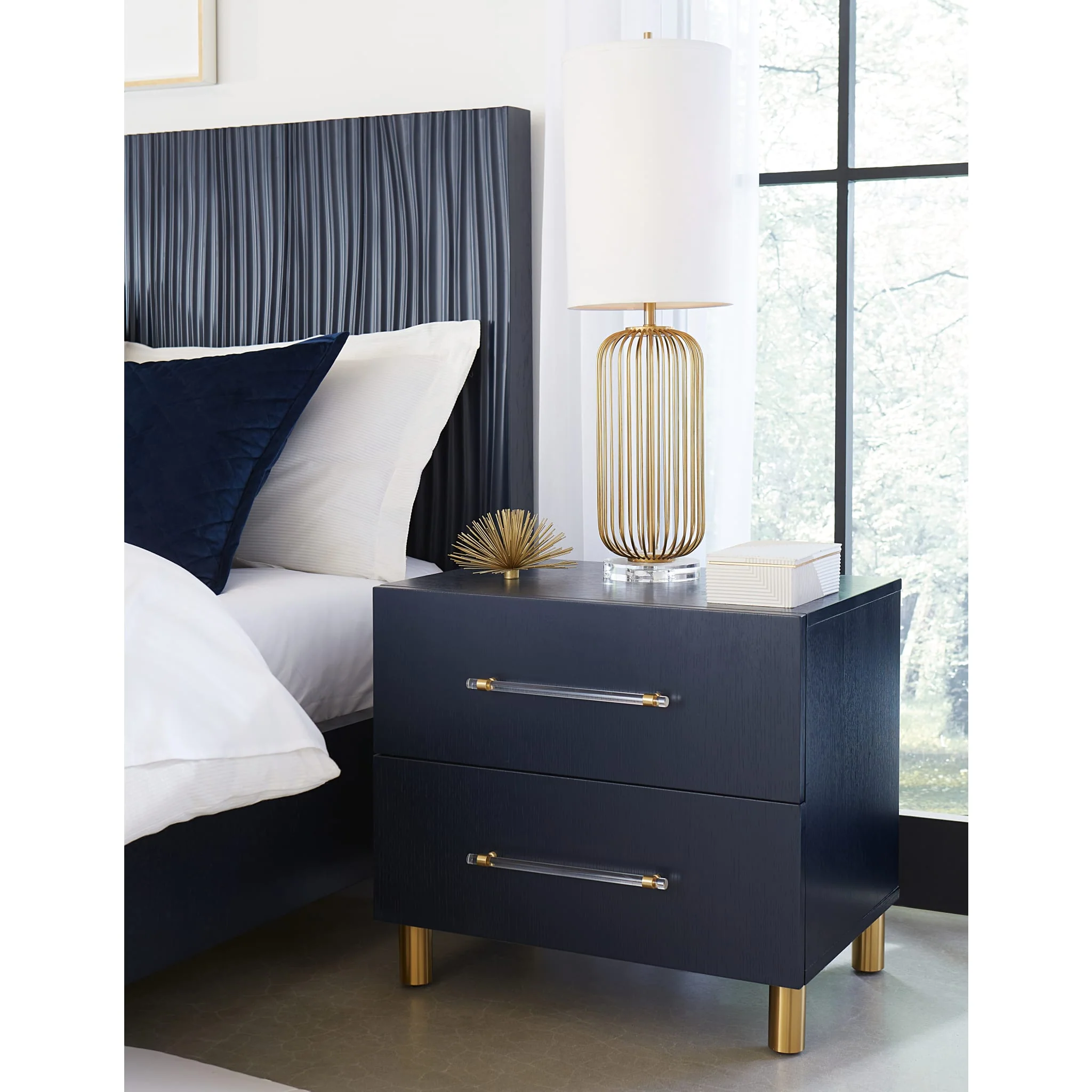 Argento Wave-Patterned Bed in Navy Blue and Burnished Brass - Image 4