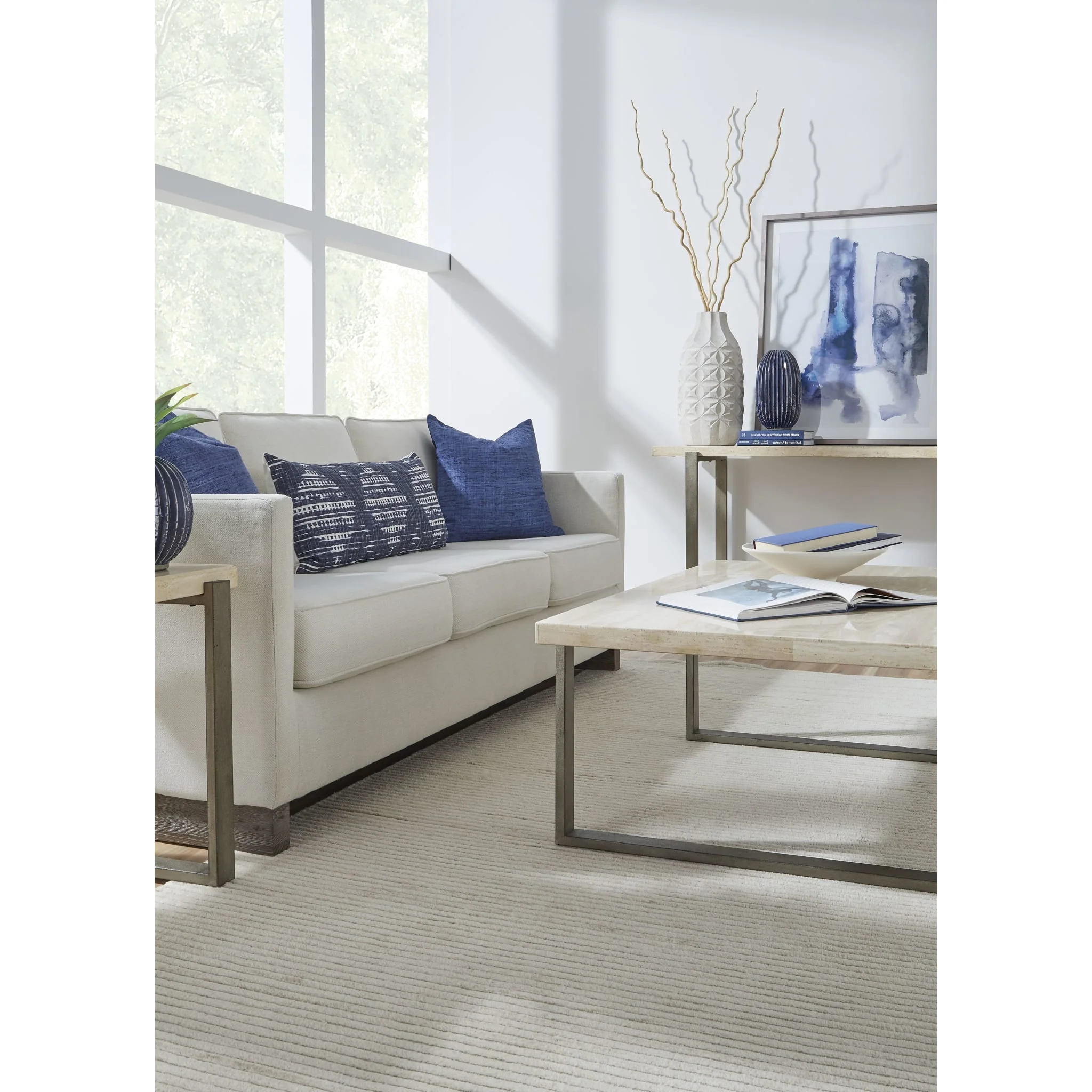 Ariela Natural Travertine Coffee Table with Bronze Metal Base - Image 3
