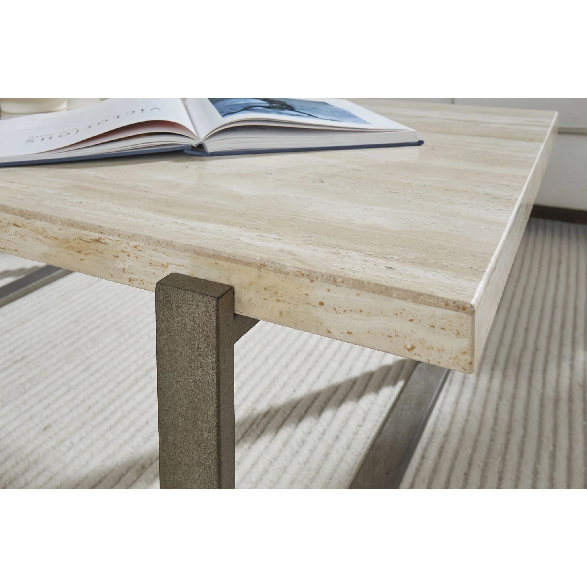 Ariela Natural Travertine End Table with Bronze Metal Base - Image 3