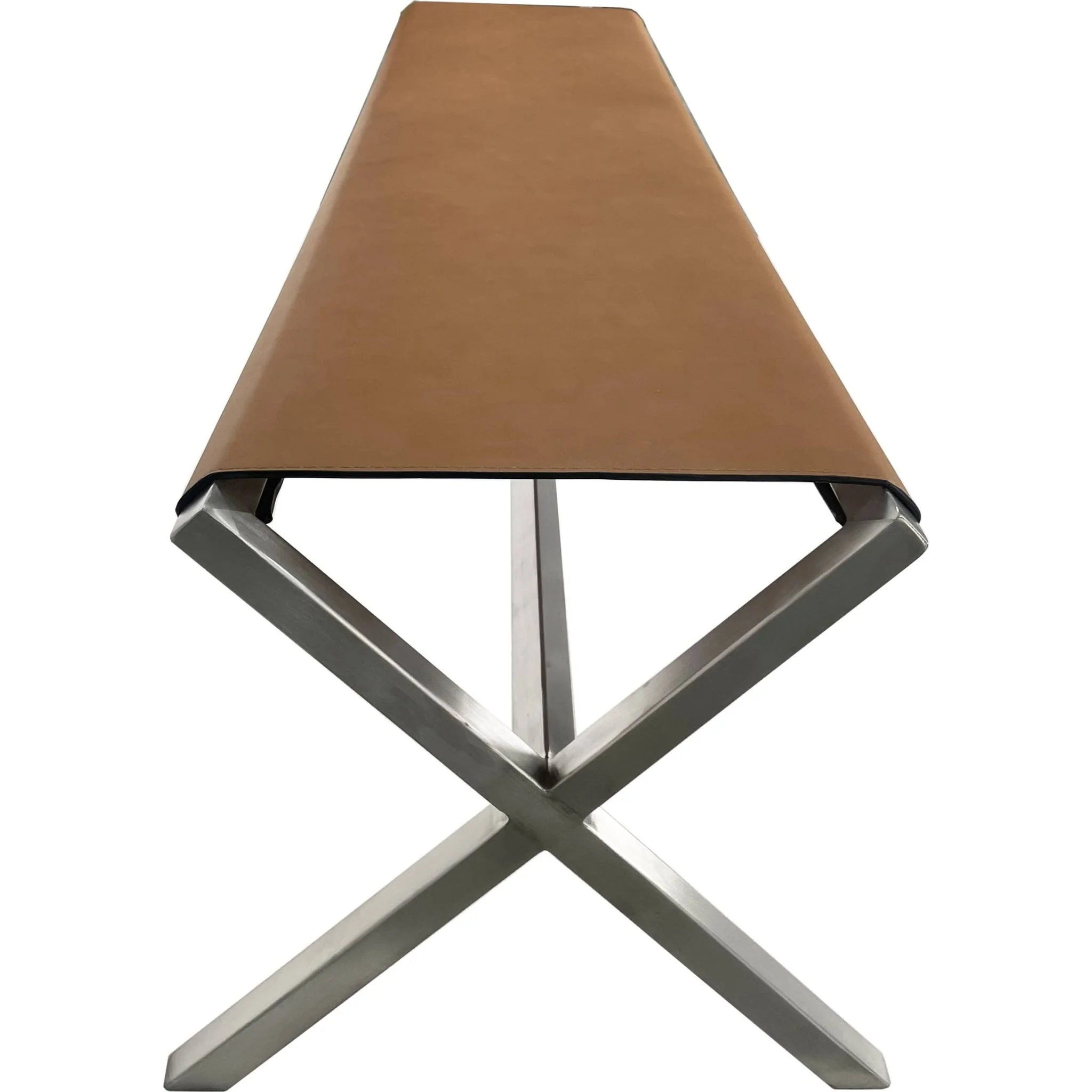 One Modern Coastal Director's Style Leather Dining Bench in Cognac and Brushed Stainless Steel - Image 3