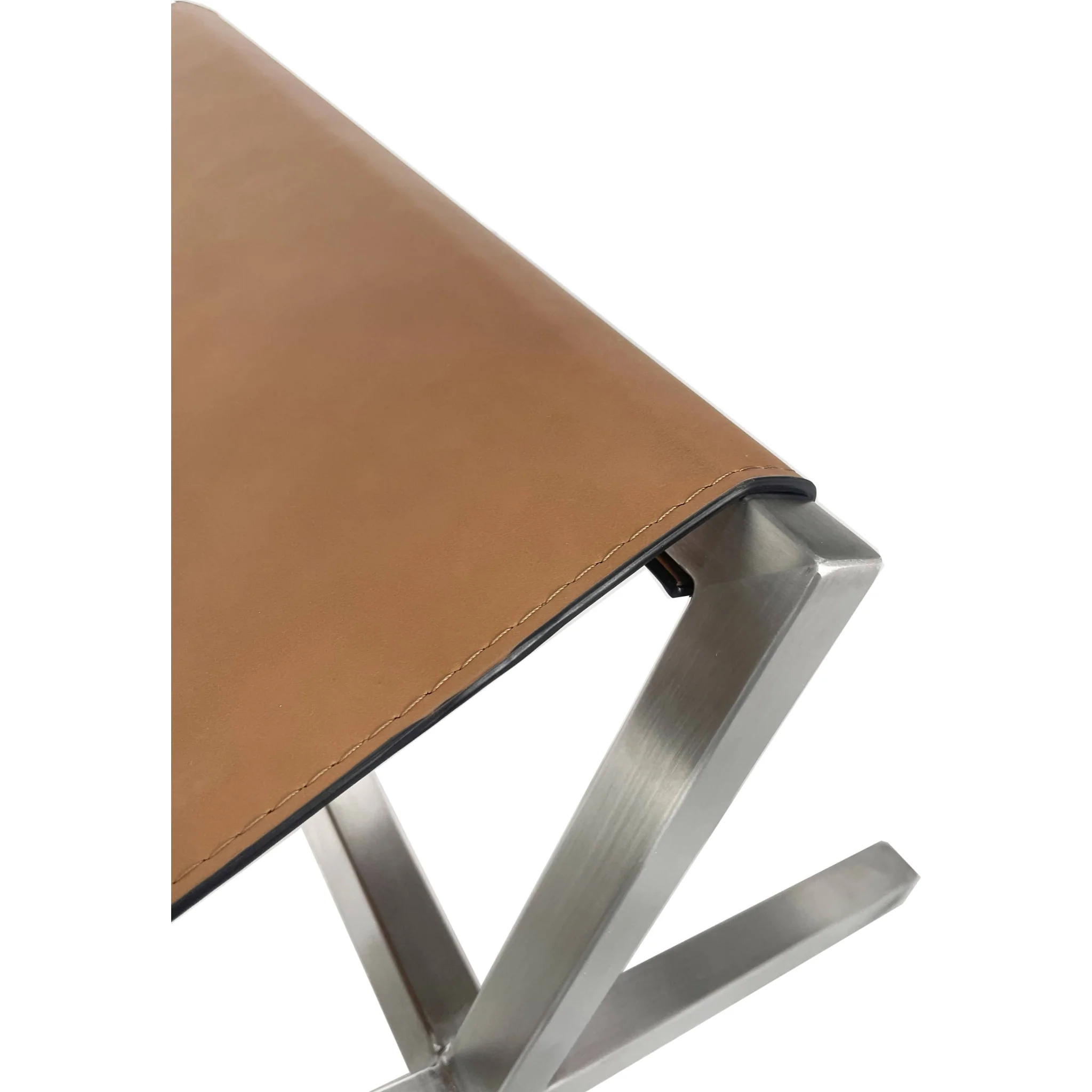 One Modern Coastal Director's Style Leather Dining Bench in Cognac and Brushed Stainless Steel - Image 4