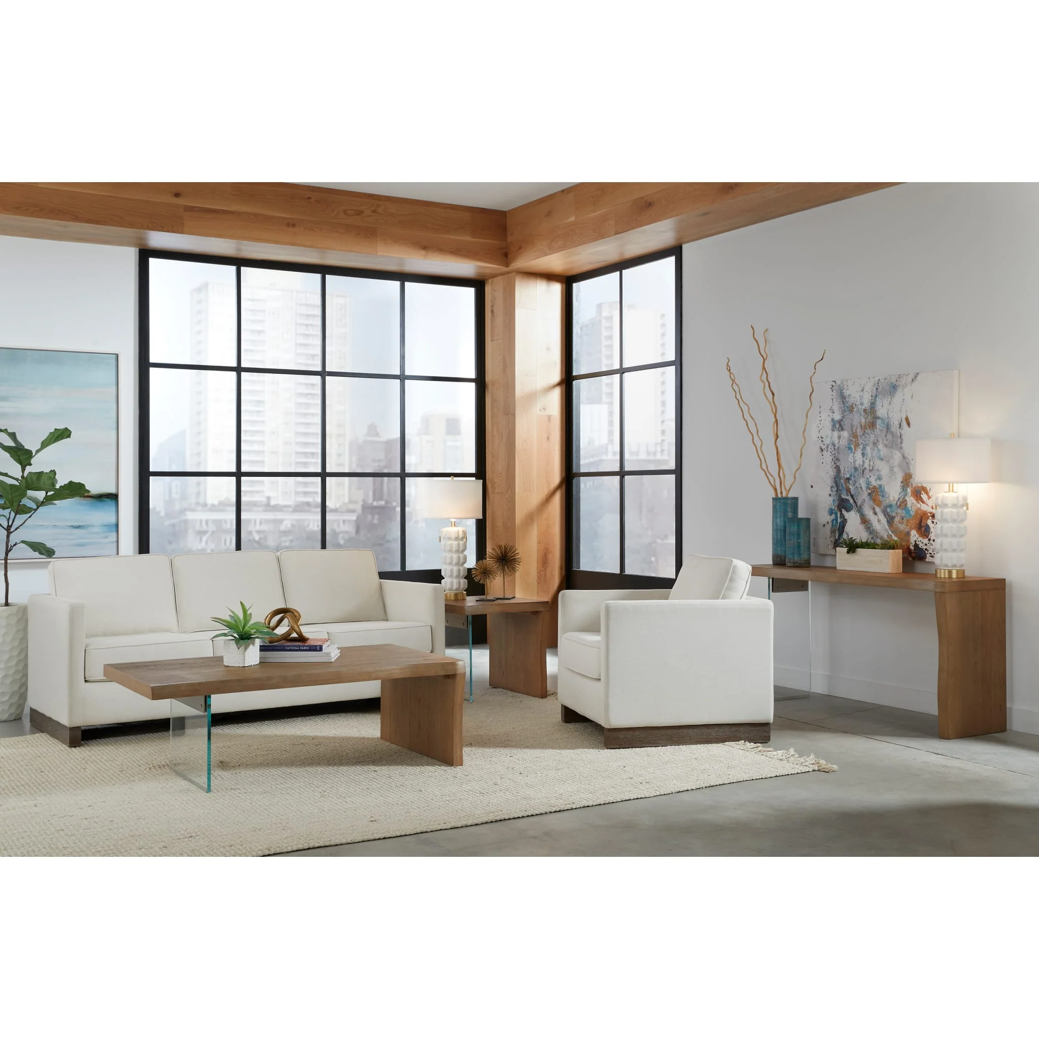 One Live-Edge White Oak and Glass Console Table in Bisque - Image 4