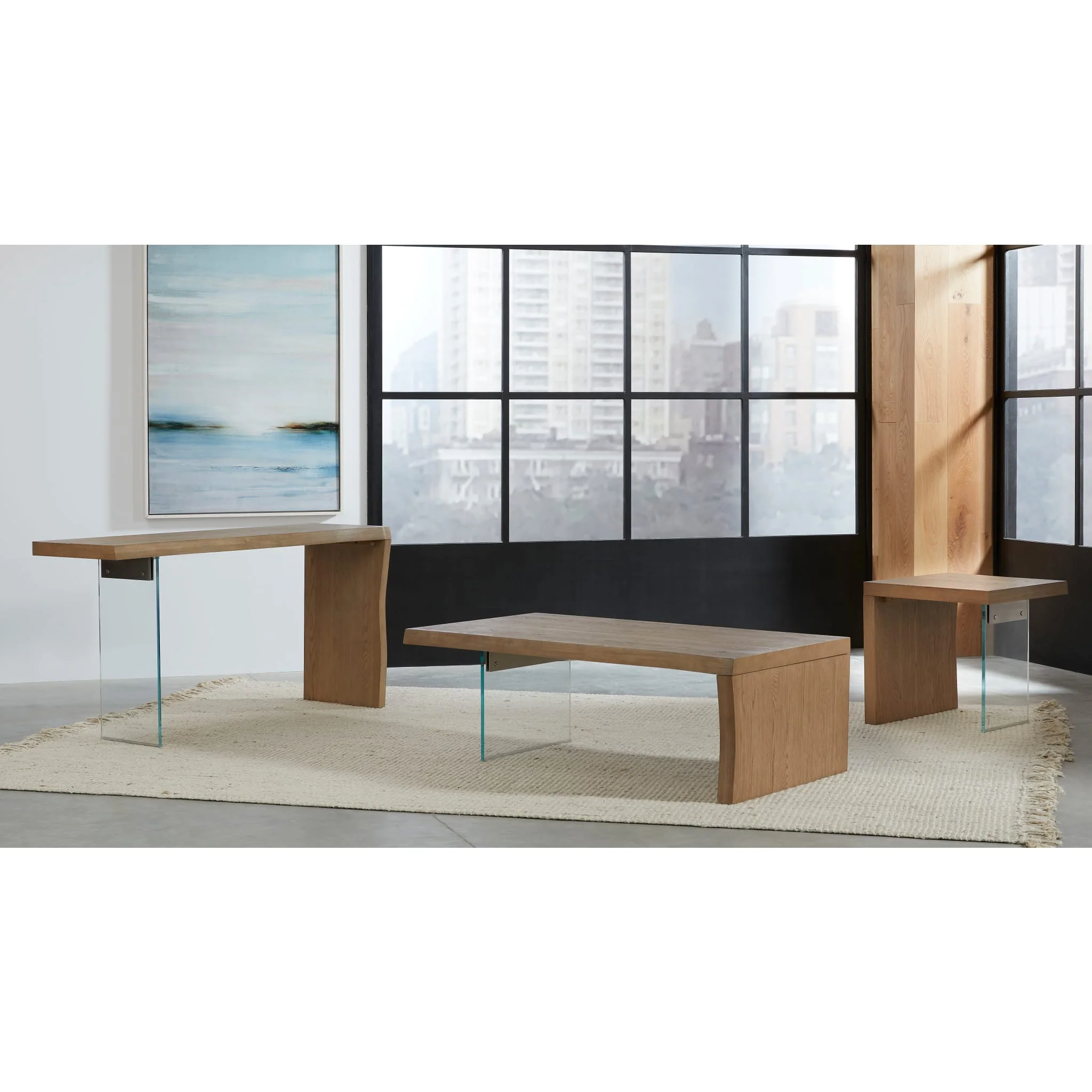 One Live-Edge White Oak and Glass Console Table in Bisque - Image 5