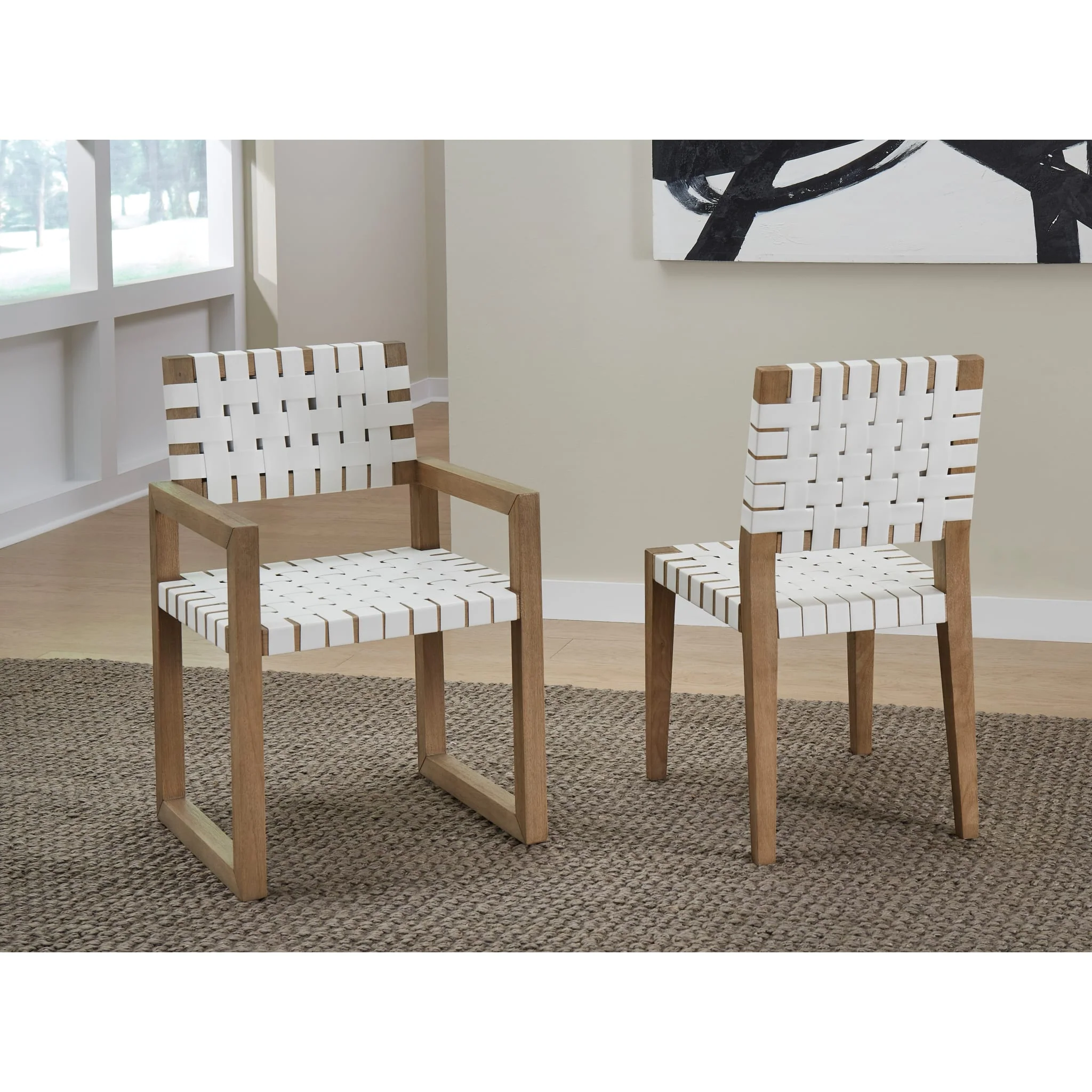 One Woven Leather and Solid Wood Dining Side Chair in White and Bisque - Image 6