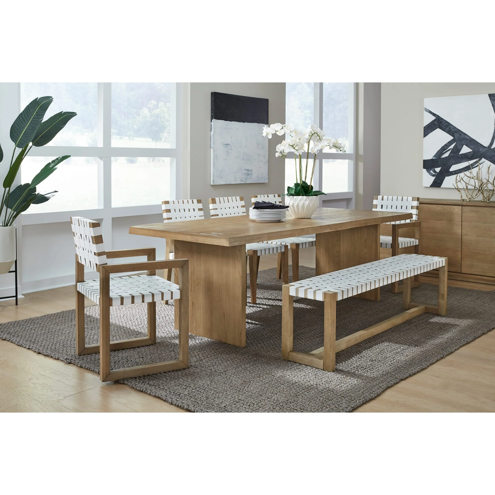 One Woven Leather and Solid Wood Dining Side Chair in White and Bisque - Image 7