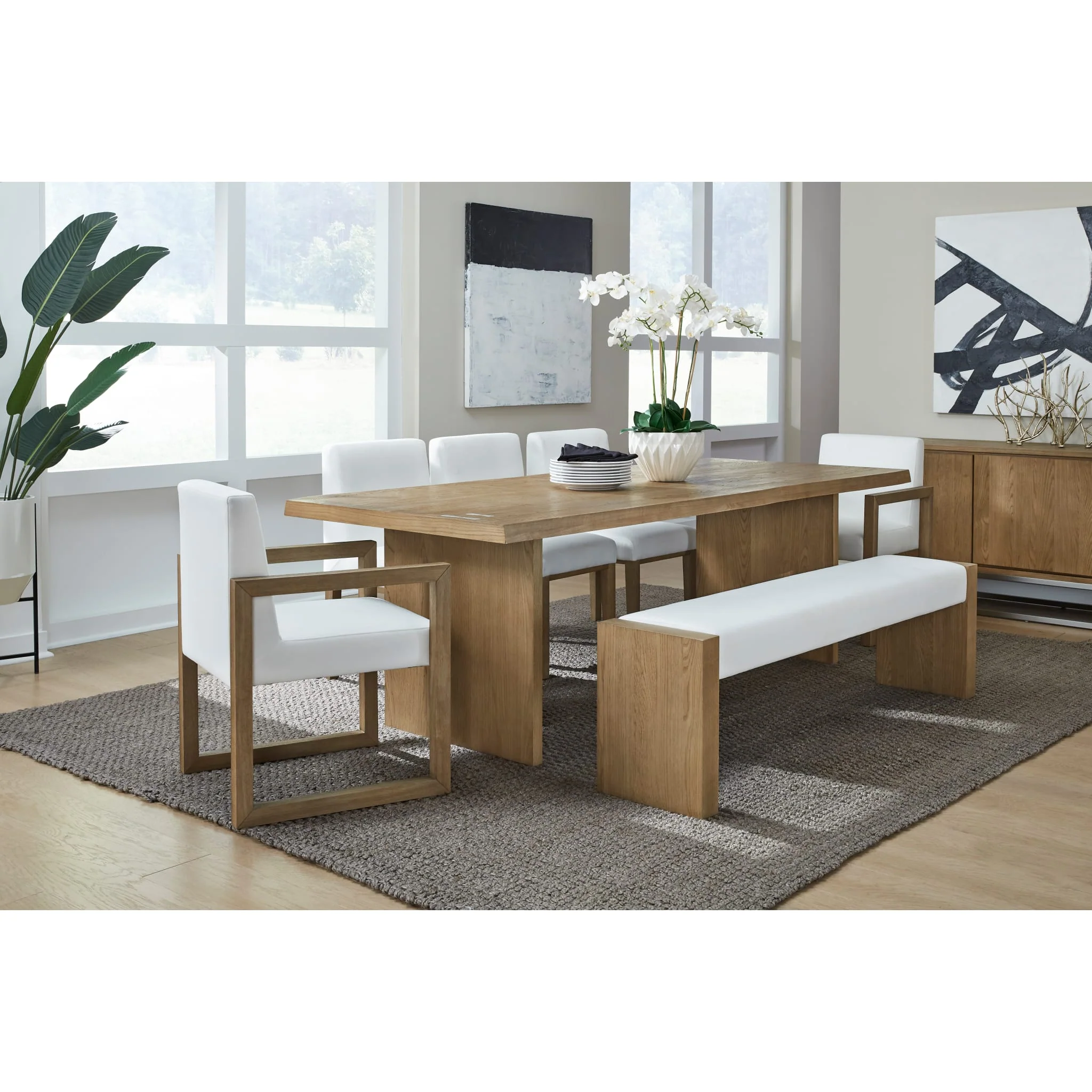 One Modern Coastal Slab Leg Upholstered Dining Bench in White Oak and White Pearl - Image 5