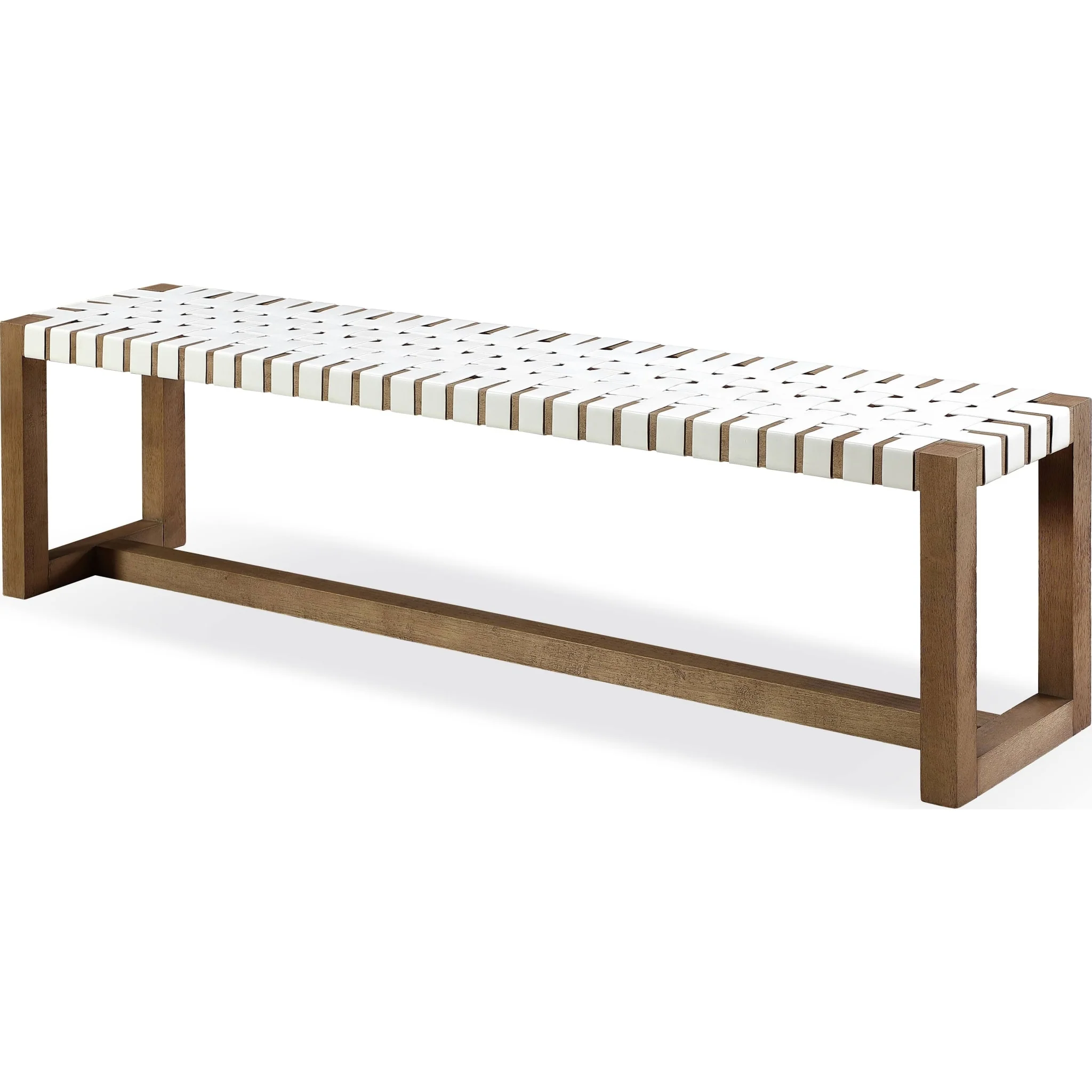 One Woven Leather and Solid Wood Dining Bench in White and Bisque - Image 3