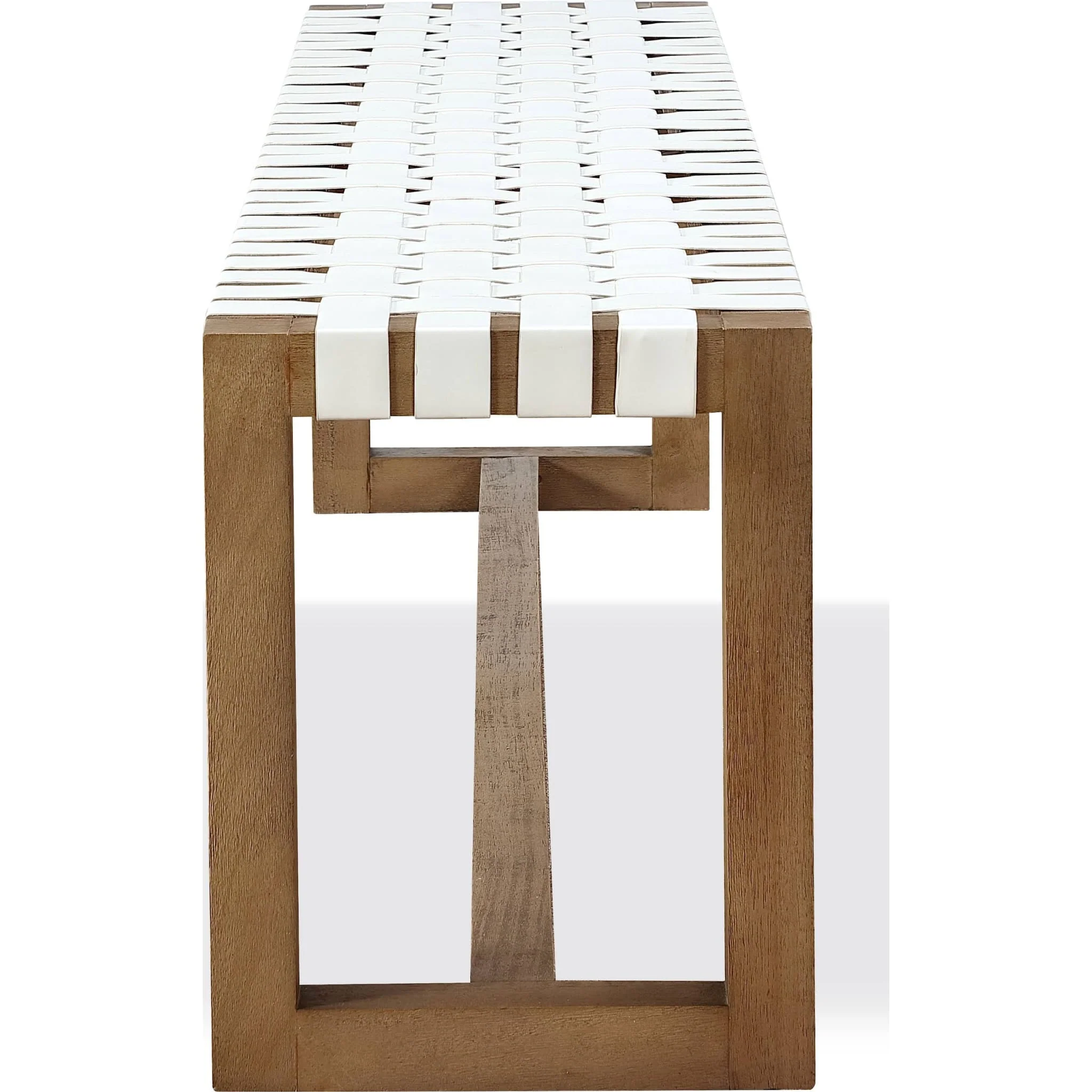 One Woven Leather and Solid Wood Dining Bench in White and Bisque - Image 4