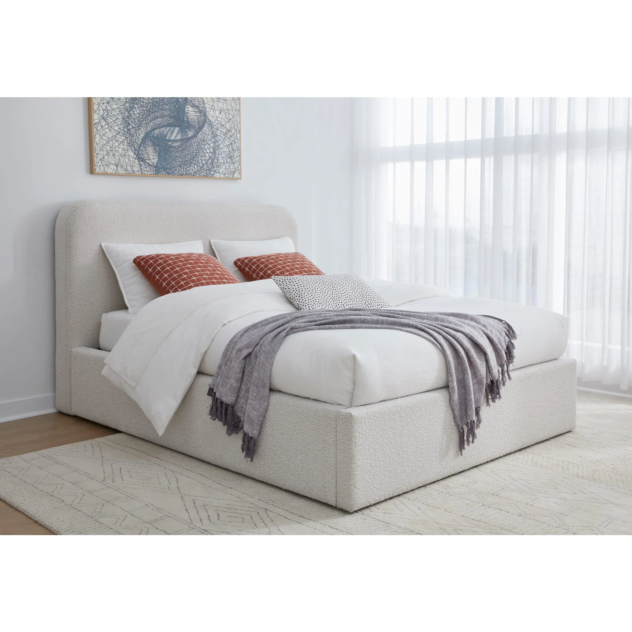 Off-White Upholstered Platform Bed in Ricotta Boucle - Image 3