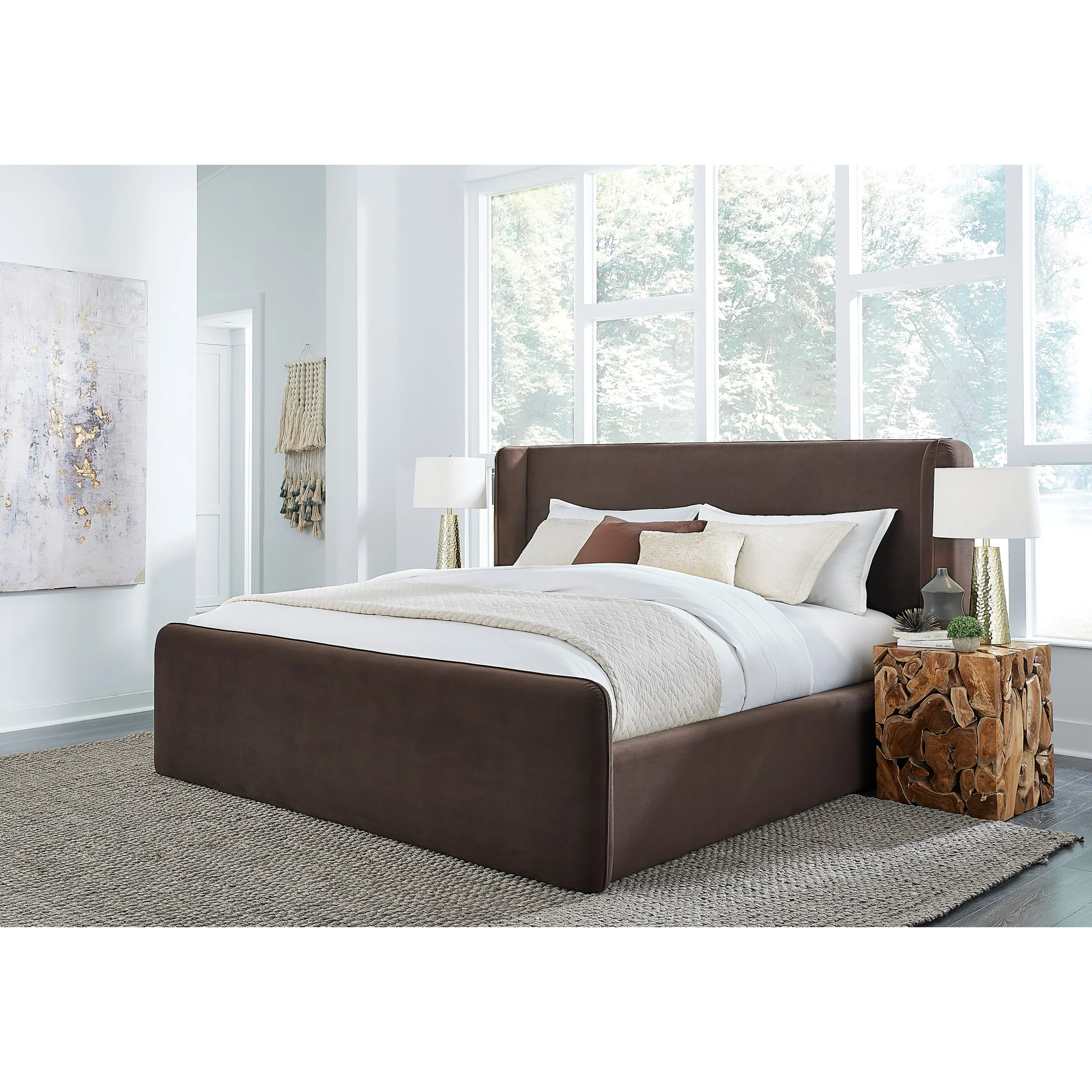 Bacall Velvet Upholstered Wingback Platform Bed in Cola - Image 3